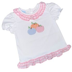 Charming Little One Pink Gingham Pumpkin Appliqué Top Puff Sleeve Fall Shirt 12M